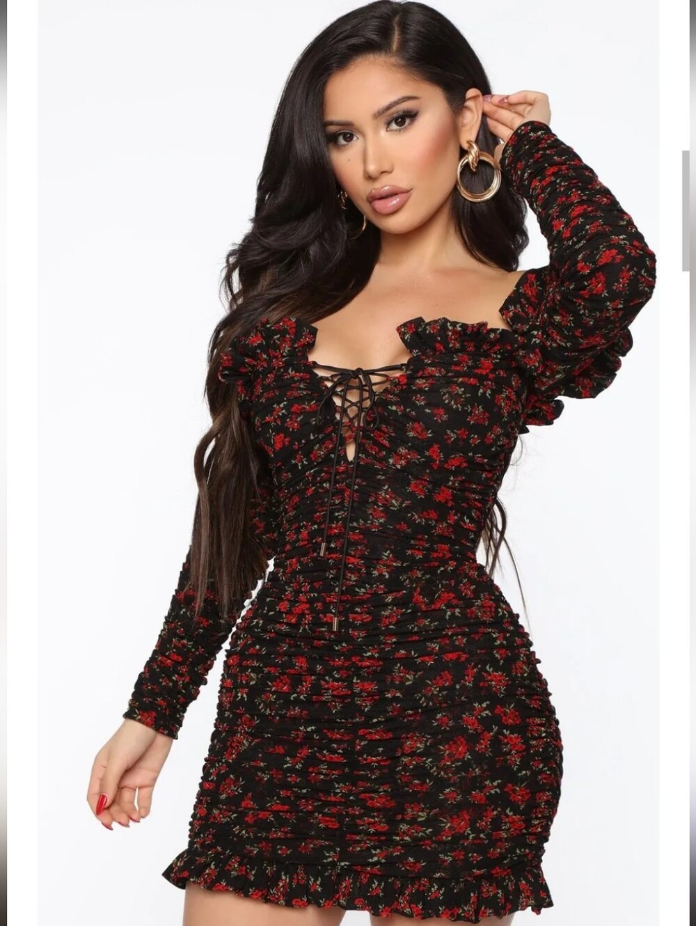 Fashion Nova Black & Red Floral "Being Romantic" Ruched Off-Shoulder Mini Dress